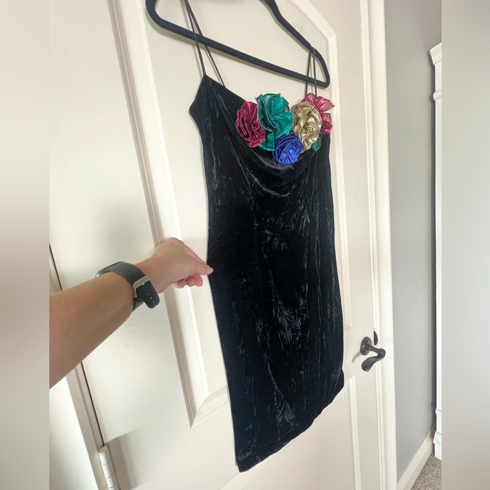 Vintage Gunne Sax Black Velvet Mini Dress Jessica McClintock Metallic Rosettes - Picture 4 of 13